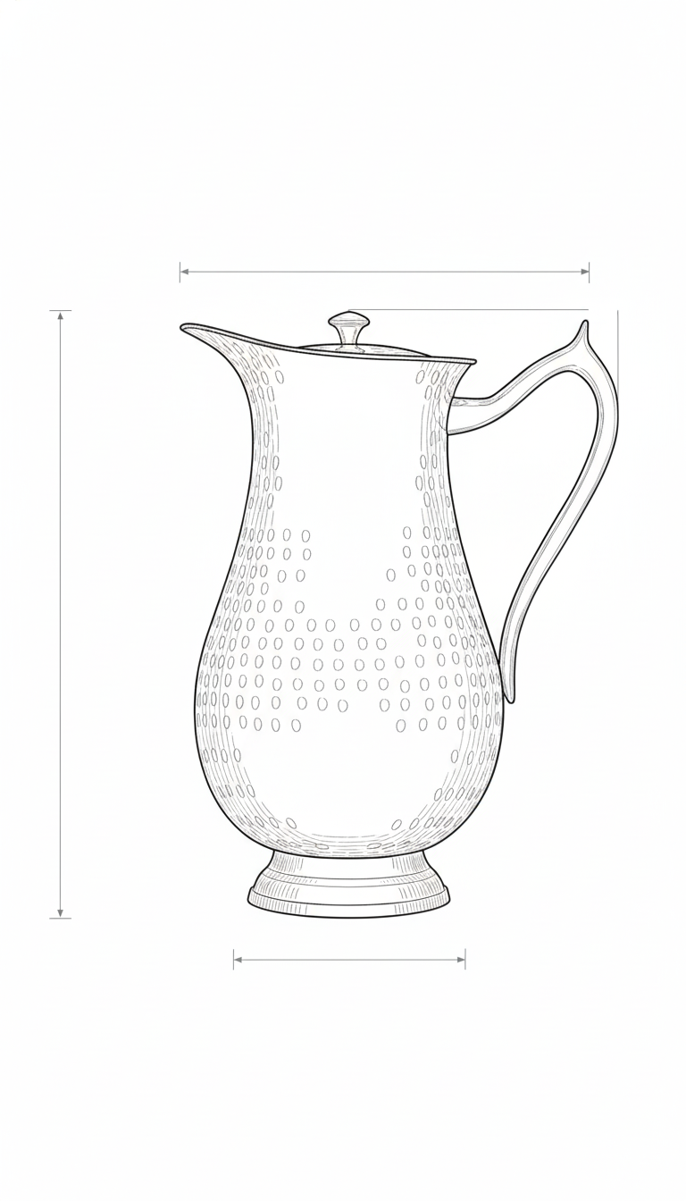 Mughlai Jug - Copper (Hammered Copper with Brass Handle & Lid) dimensions diagram - Viviana London artisan product specification